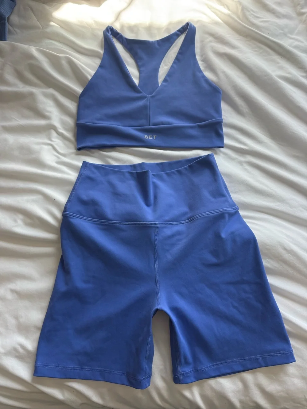 SET Active Blue Racerback Sports Bra and High-Waist Bike Shorts